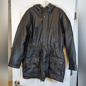 N.YD.A Women's black Leather ling hooded full zip pockets Winter jacket Coat XL